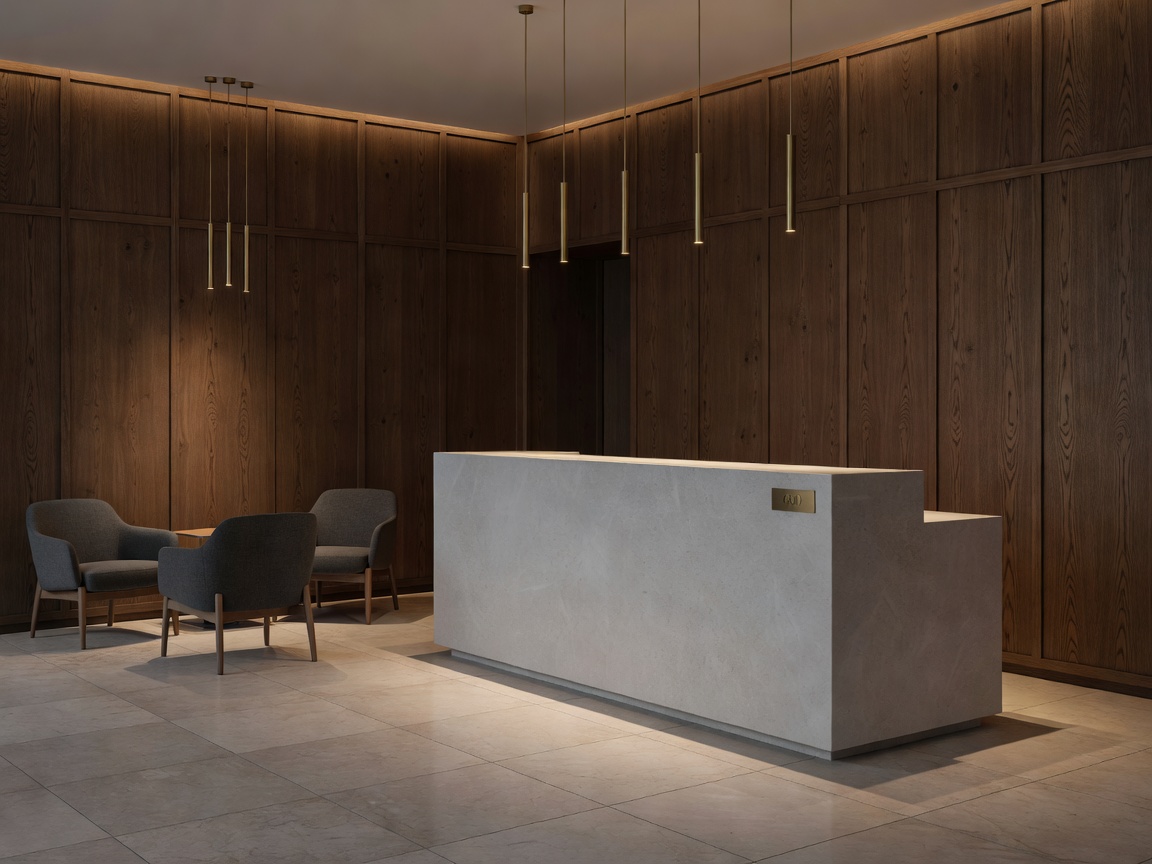 Boutique hospitality hotel reception lounge in Copenhagen with muted lighting and oak wall cladding