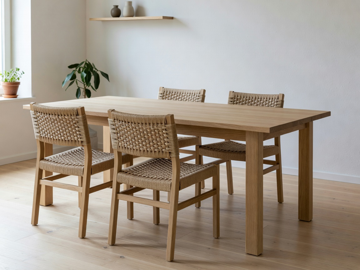 Contemporary Scandinavian solid ash dining table with hand-woven paper cord chairs