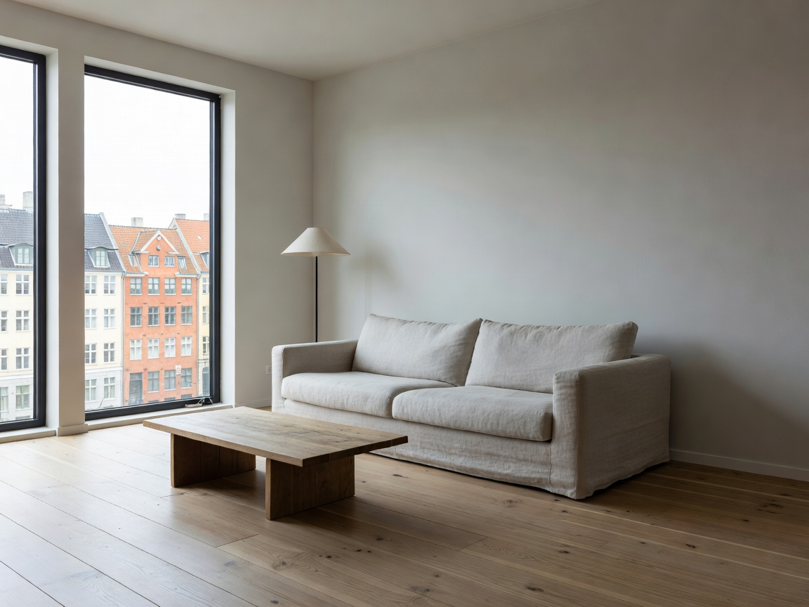 Copenhagen Nord minimalist living room with raw timber floor and linen sofa