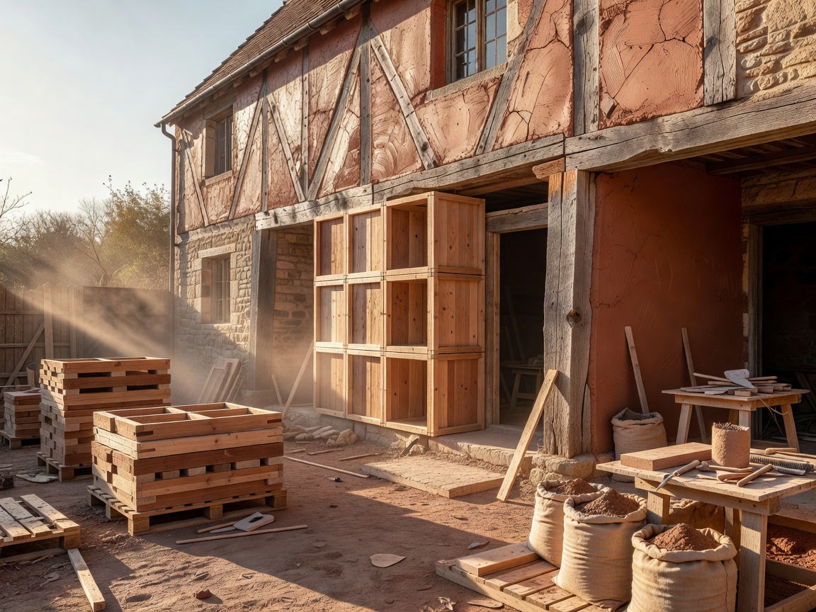 Sustainable architectural restoration site utilizing low-carbon clay finishes and modular joinery